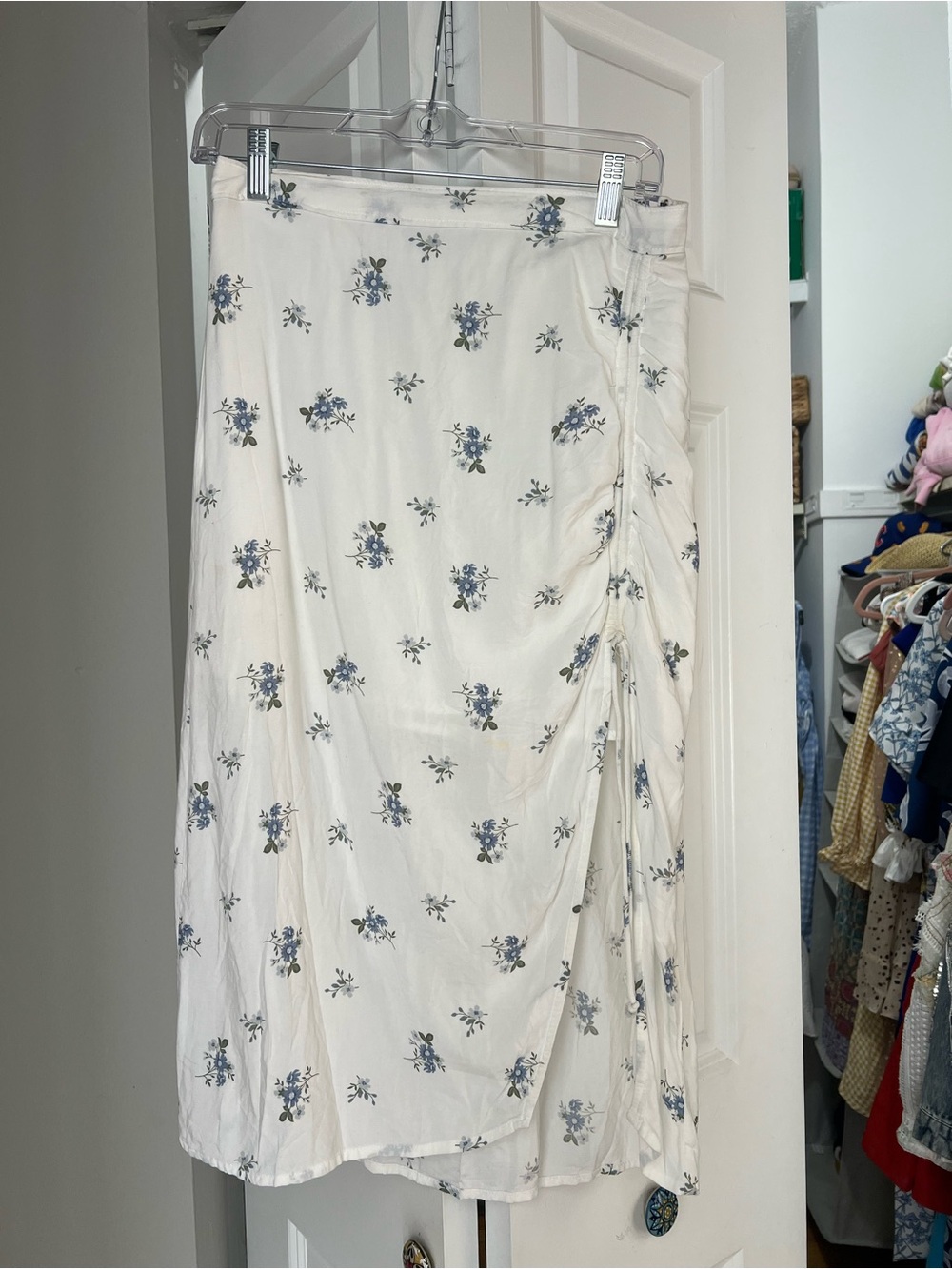 Hollister Cream Midi Skirt with Blue Floral Print